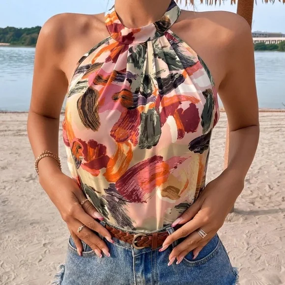 Boho Watercolor Brush Print Halter Top - Picture 2 of 5
